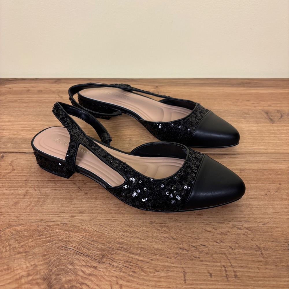 BCBGENERATION Tillie Sequin Slingback Cap Toe Sandal Black Women Size 7 Low Heel